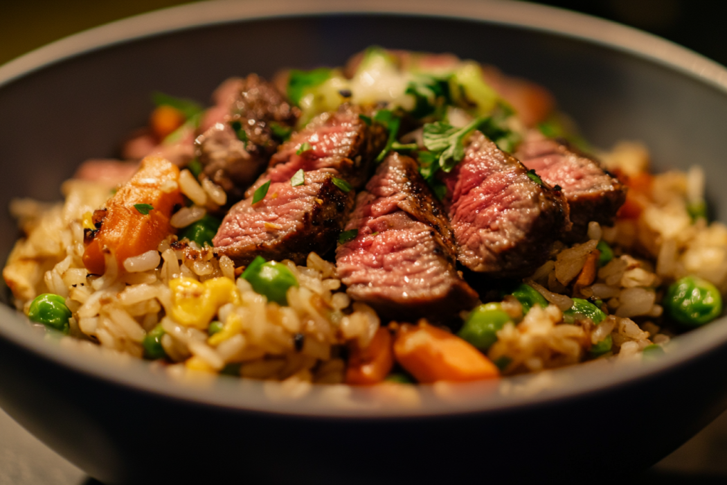 Delicious homemade steak fried rice with mixed vegetables.