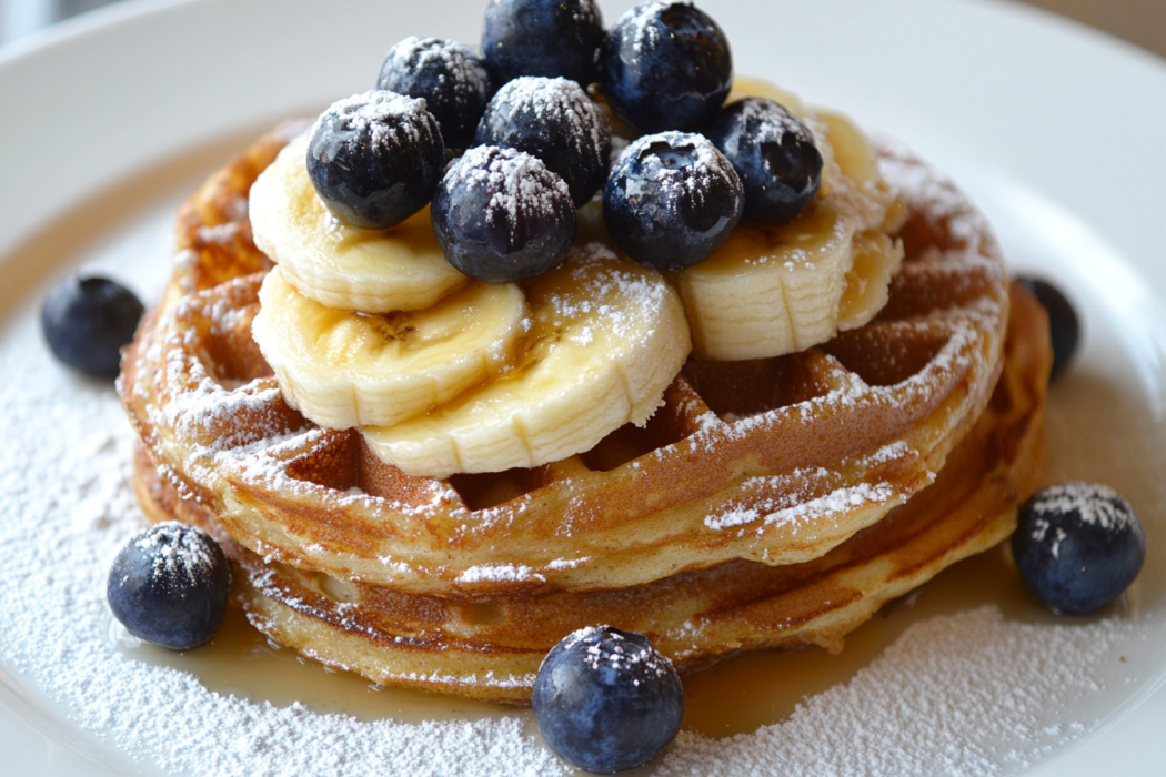 Banana Waffle Recipe served with fresh bananas and syrup