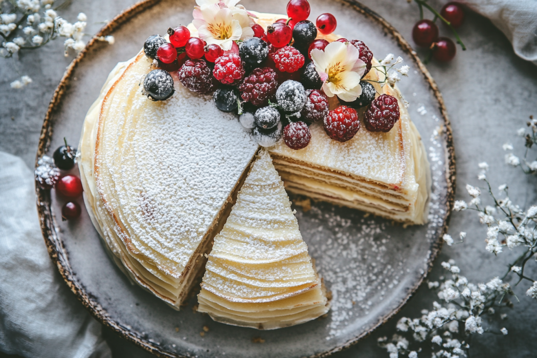 Elegant mille crepe cake with visible layers and a creamy filling, ready to be served on a cake stand.