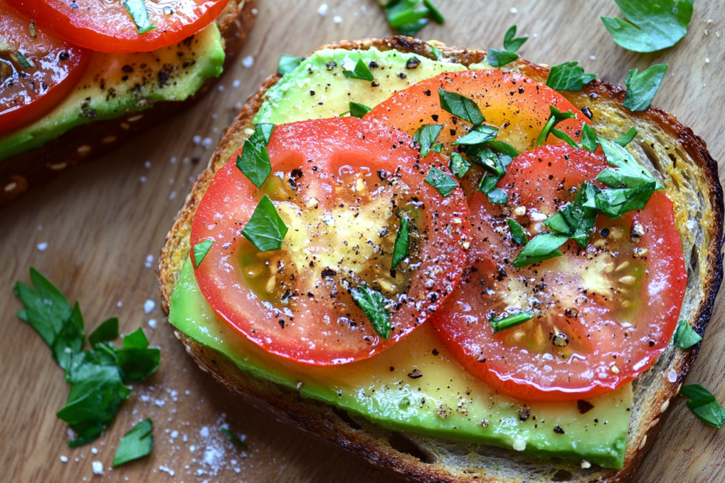 Fresh avocado and tomato toast ready to eat.