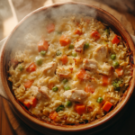 Chicken rice veggie casserole in baking dish.