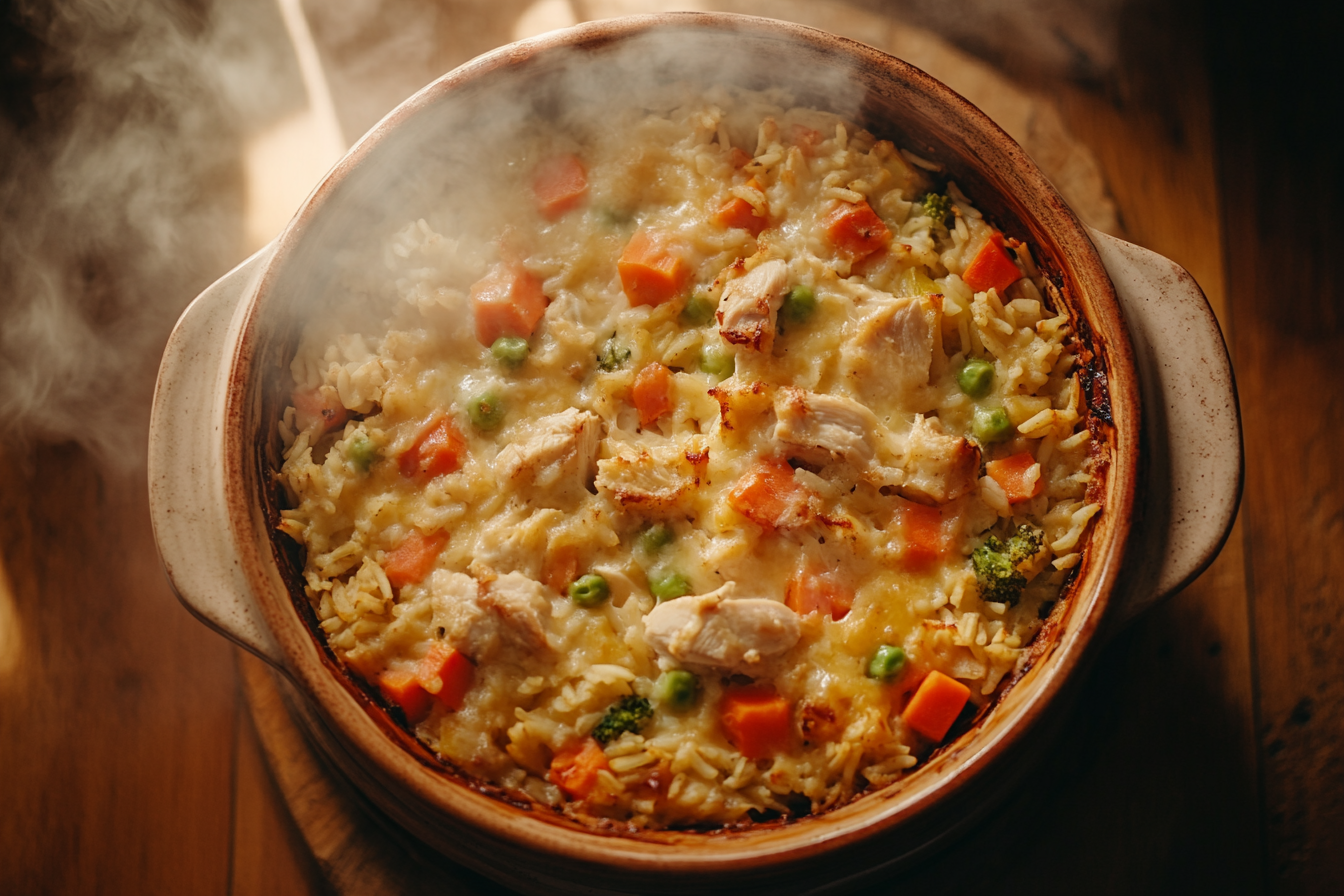 Chicken rice veggie casserole in baking dish.