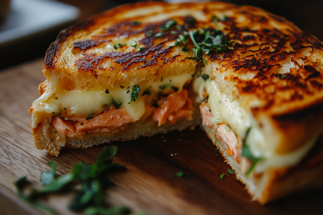 Delicious salmon grilled cheese with melted cheese.