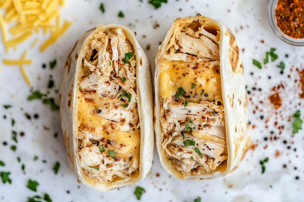 Delicious Cheesy Garlic Chicken Wraps ready to eat.